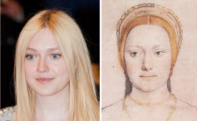Dakota Fanning 2012-ben és 1538-ban egy Hans Holbein festményen