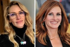 Julia Roberts is igencsak máshogy néz ki smink nélkül, sőt még a méretes szemüveg sem válik előnyére, így nem biztos, hogyh