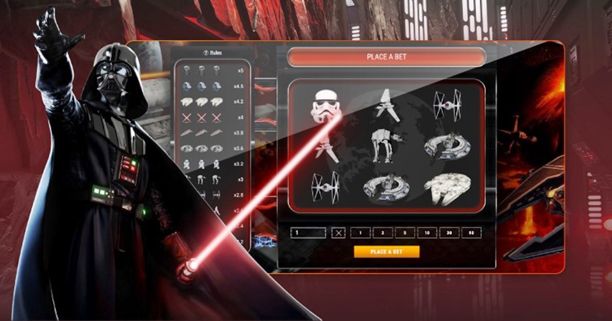 Star Wars témájú online nyerőgép Darth Vaderrel, űrhajó szimbólumokkal és sci-fi kaszinó slot játékmenettel