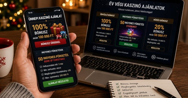 Év végi kaszinó bónuszok és ingyenes pörgetések megjelenítése mobiltelefonon és laptopon, ünnepi környezetben